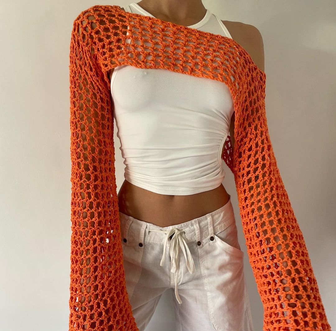 Women's Hand-Knitted Sweater, Casual Ultra-Short Style With Flared Sleeves