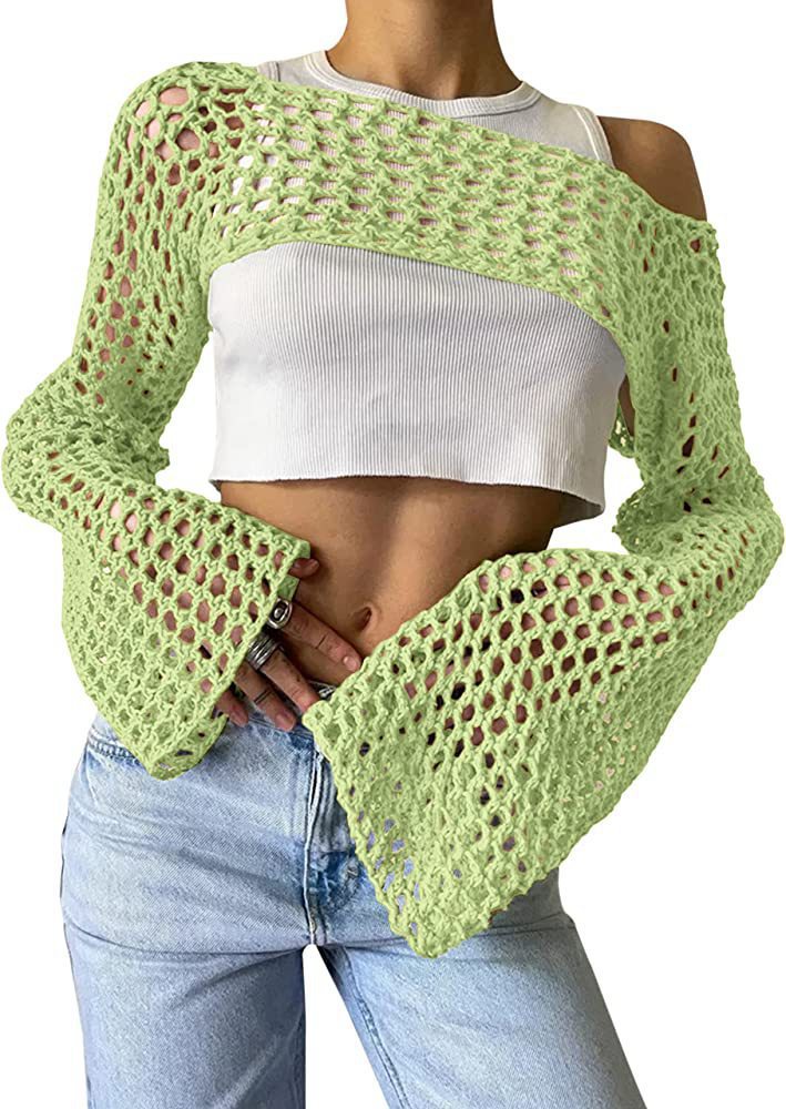 Women's Hand-Knitted Sweater, Casual Ultra-Short Style With Flared Sleeves