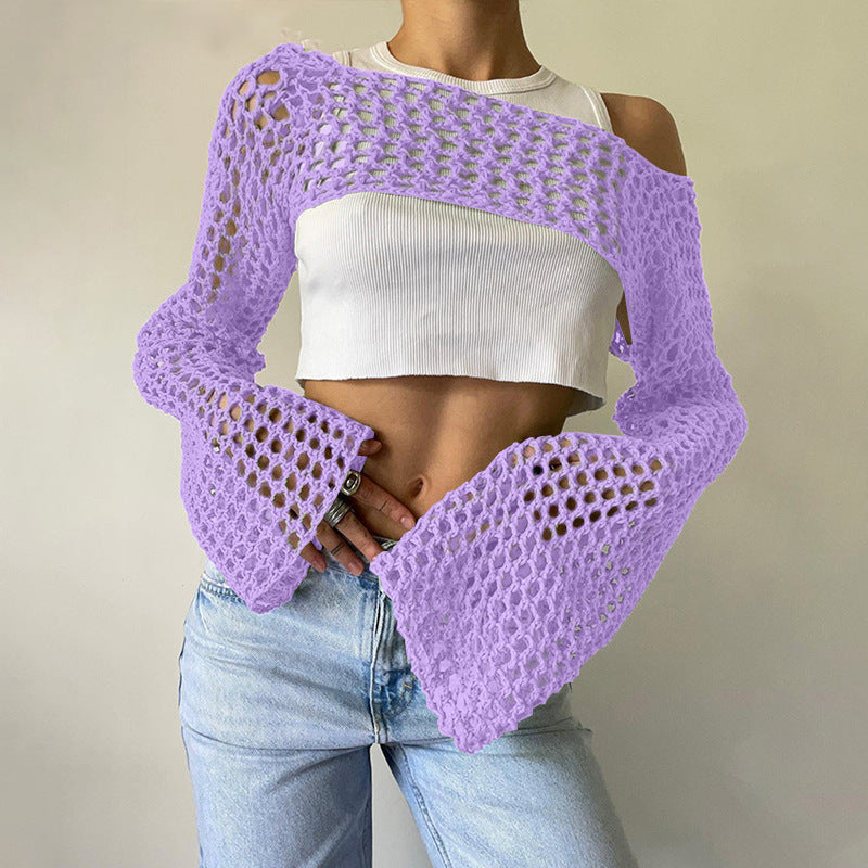 Women's Hand-Knitted Sweater, Casual Ultra-Short Style With Flared Sleeves