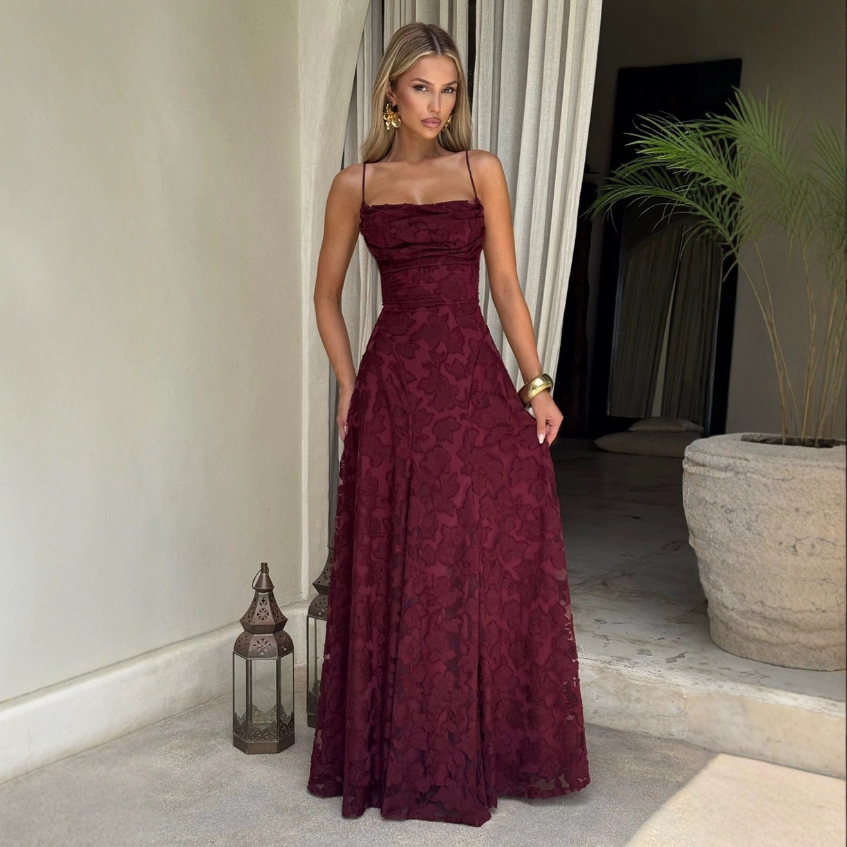 Slim-fit Sling Backless Lace Up Design Dress