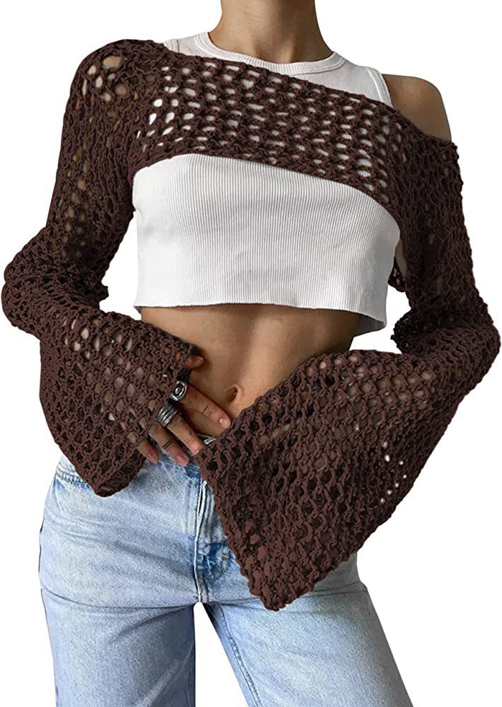 Women's Hand-Knitted Sweater, Casual Ultra-Short Style With Flared Sleeves