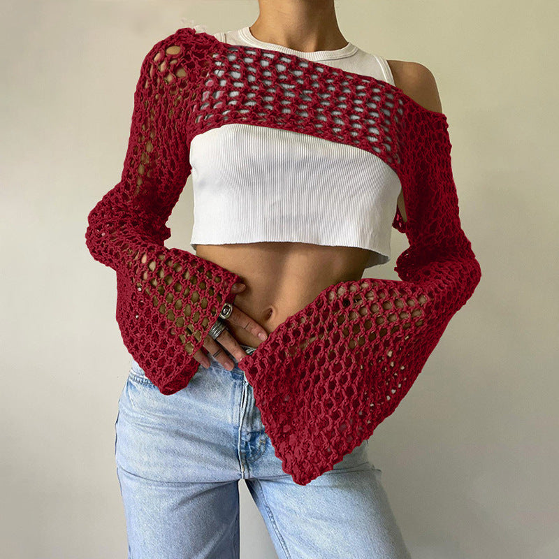 Women's Hand-Knitted Sweater, Casual Ultra-Short Style With Flared Sleeves