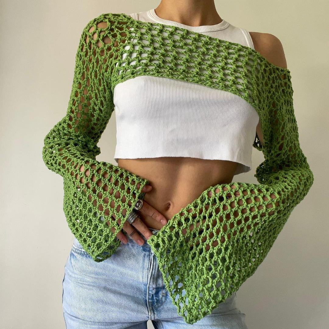 Women's Hand-Knitted Sweater, Casual Ultra-Short Style With Flared Sleeves