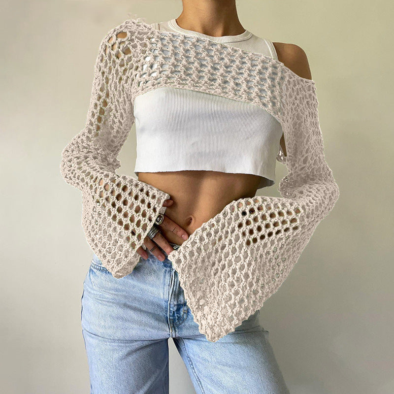Women's Hand-Knitted Sweater, Casual Ultra-Short Style With Flared Sleeves