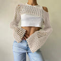 Women's Hand-Knitted Sweater, Casual Ultra-Short Style With Flared Sleeves